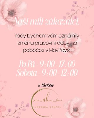 ✨ Změna otevírací doby! ✨ Milí zákazníci 💕 Nově jsme tu pro vás: 🕘 Po–Pá: 9:00–17:00 🌸 Sobota: 9:00–12:00 📍 Hlavní třída...